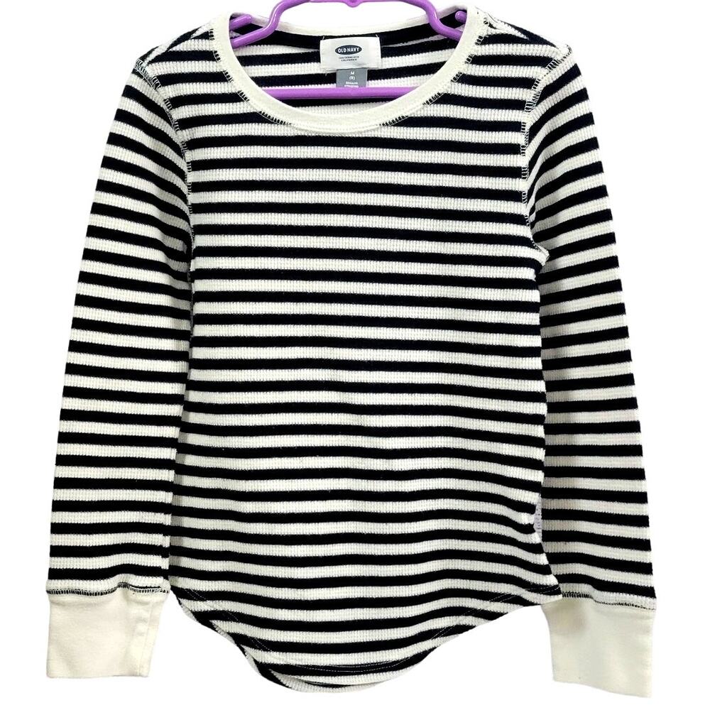 Old‎ Navy Girl's Long Sleeve Black White Stripe Thermal Waffle T-Shirt Size 8